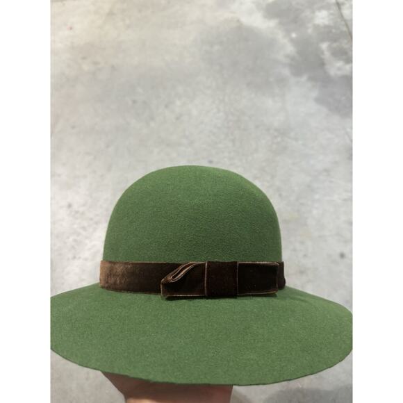 Vintage 70s Yes Saint Laurent Women Rabbit Felt Sun Fedora Hat Green 7 1/4 Italy